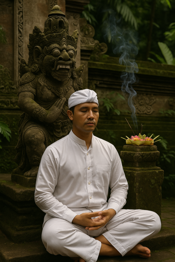 Front view of a Balinese  Hindu priest praying
