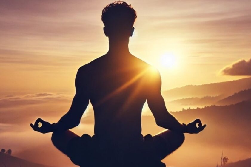 Showing a meditation practice during sunrise